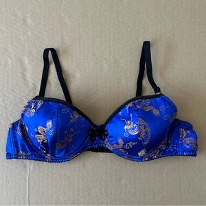 Mystery House Satin Bra Lingerie Size Large Blue and Gold Dragon Pattern Chinese